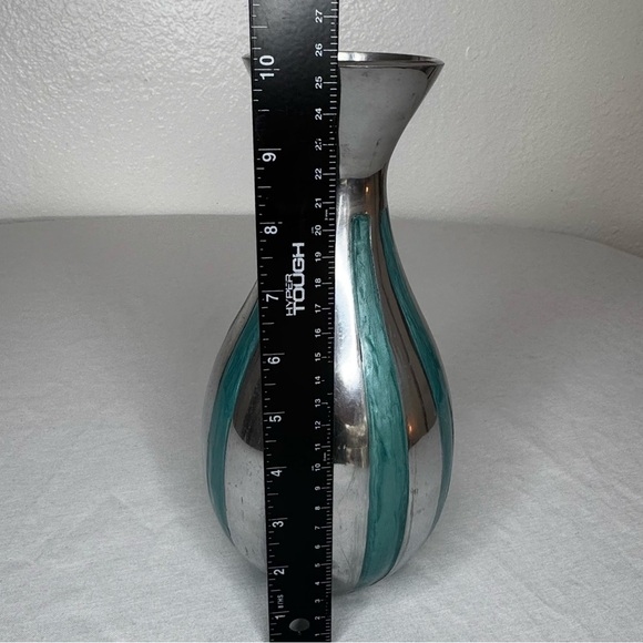 Handcrafted Aluminum & Enamel Decorative Vase 10” Silver Teal Made In India Boho - Picture 3 of 3
